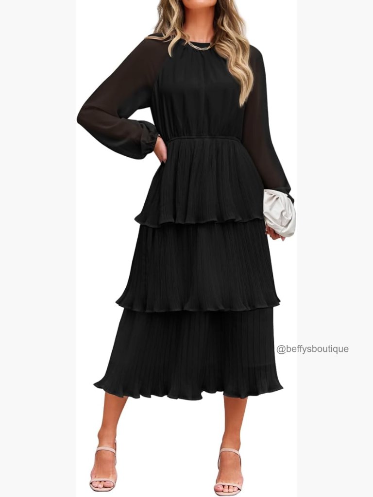 Long Sleeve Ruffle Tiered Chiffon Swing Midi Dress